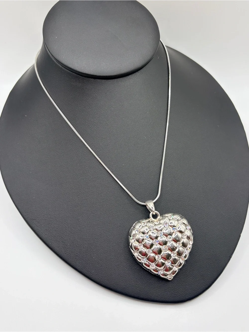 Chunky Silver Plated Heart Quilted Pendant Necklace with Crystal Accents
